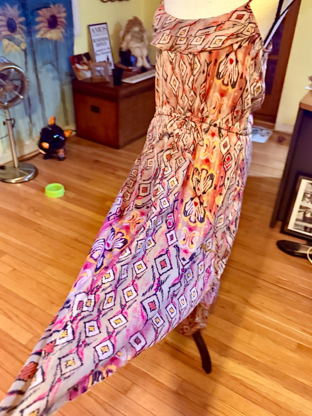 Banana Republic Cream Maxi Dress with Orange and Navy Ikat Print